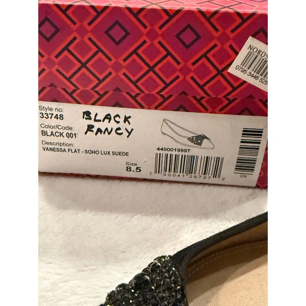 Tory Burch Vanessa Flat Soho Lux Suede Black Crystal Bow Pointed Toe Shoes 8.5